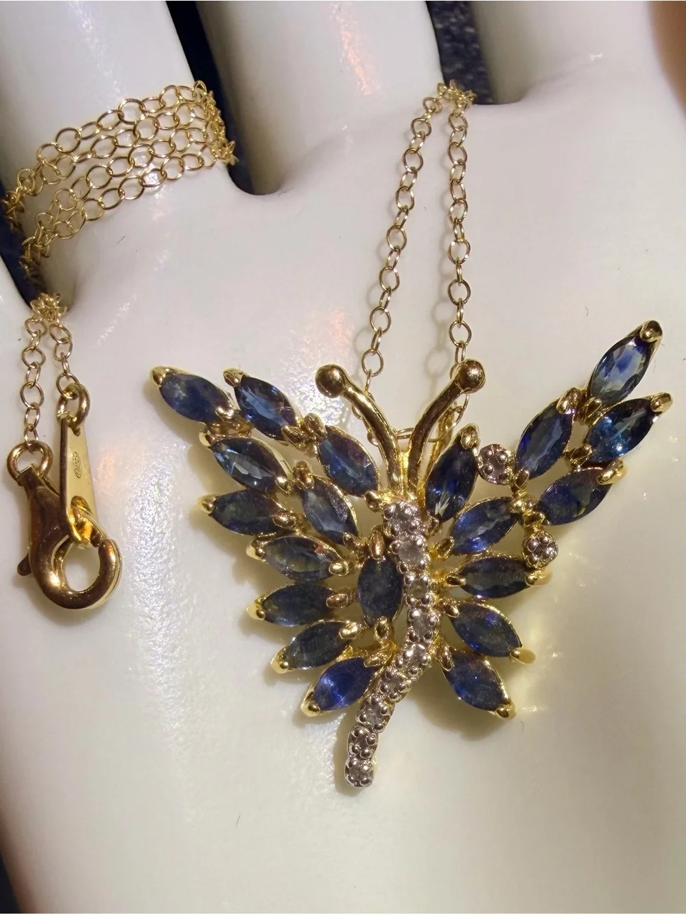 Natural Sapphire Butterfly Pendant 18K Yellow Gold Plated 925 Sterling Silver